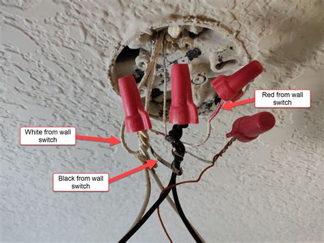 electric box on ceiling and red light|red wire for light fixture.